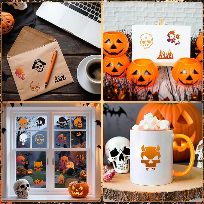 Augshy 56 Pack Skulll Stencils, 3 Inch Reusable Halloween Small Skulls Stencil for Painting on Wood Ornaments Slice DIY Crafts Fabrics Window Halloween Thanksgiving Autumn Decoration