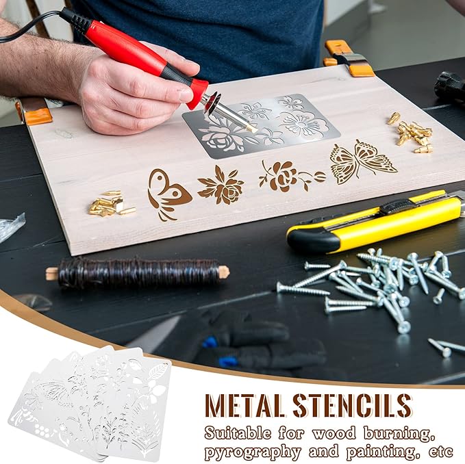 Lewtemi 6 Pcs Mixed Metal Stencil Wood Stencil Templates Stencils for Journaling Burning Stencils for Wood Carving Drawing Engraving Scrapbooking Journal Craft DIY(Plant Style)