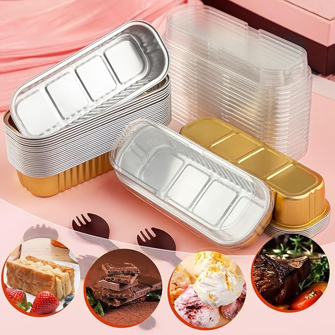 120Pcs Mini Loaf Pans with Lids and Spoons, Aluminum Foil Baking Pans, Rectangle Mini Cake Pan, Brownie Baking Cups for Picnics Party (Gold)