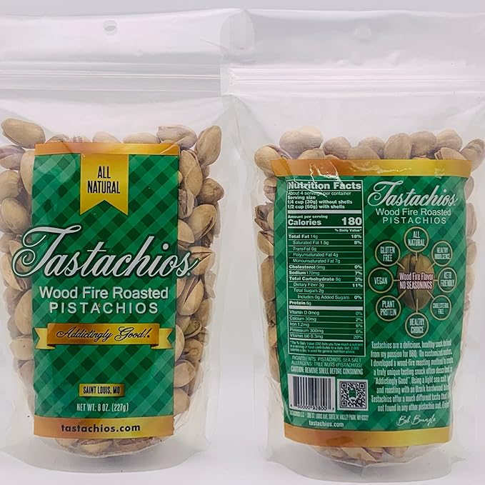 Tastachios Wood Fire Roasted Pistachios - Original Flavor - Gluten-Free, Plant-Based Protein, Non-GMO, Keto-Friendly - Vegan Snack - Roasted Pistachio Nuts - 8oz Resealable Bag (Pack of 2)