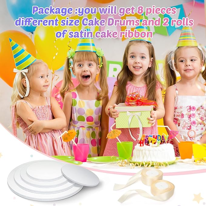 8 Pieces Cake Drums Boards Round Sturdy Cake Drum with 2 Pieces Satin Ribbon for Heavy or Multitiered Cakes (6, 8, 10, 12 Inch)