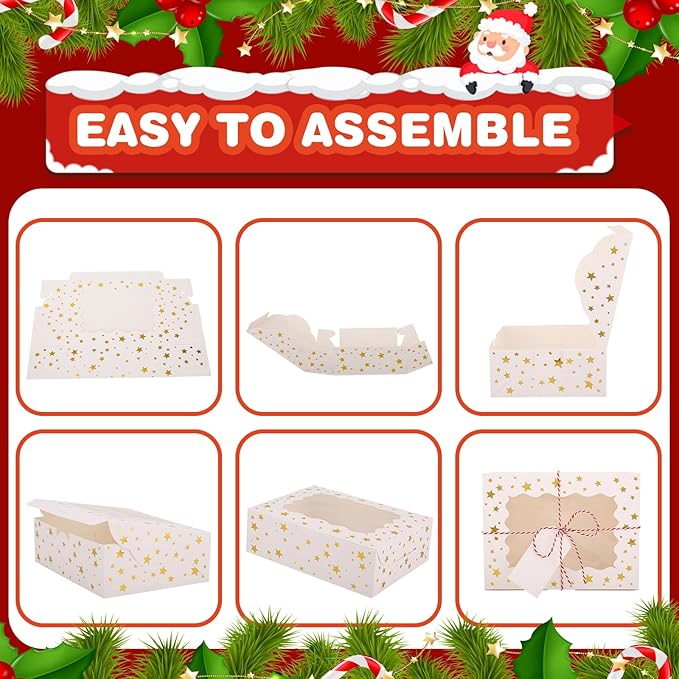 BEVOING 36 Pcs 8x6x2.5 Inches Christmas Cookie Boxes, White Bakery Boxes with Window Gold Foil Star 8 Inch Treat Boxes Pastry Pie Boxes for Chocolate Strawberries, Donuts, Cupcakes, Muffins and Dessert