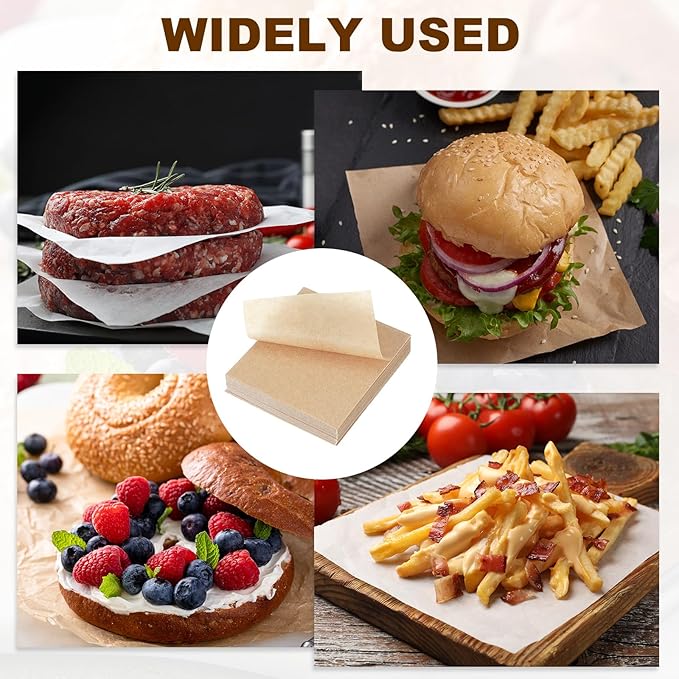 uxcell 500 Pcs Unbleached Parchment Paper Baking Sheets Squares, 3.5 Inch Hamburger Patty Paper, Non Stick Parchment Pulp Paper for Baking Grilling or Meat Storage, Wood Color