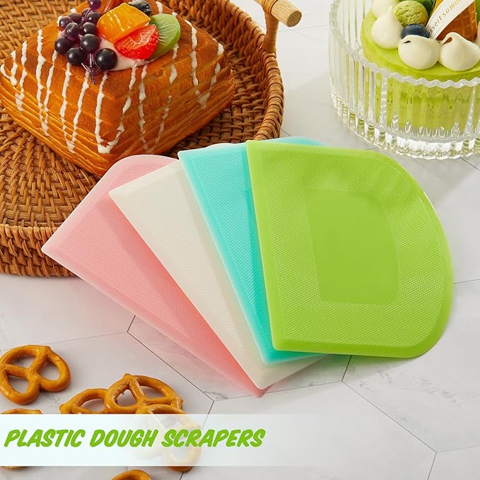 Thyle 20 Pcs Plastic Dough Scraper Set Bowl Multipurpose Dough Cutter Flexible Scraper Spatula for Kitchen Baking Tool Cake Bread Pizza Food Pastry Icing Fondant, White, Pink, Green and Blue