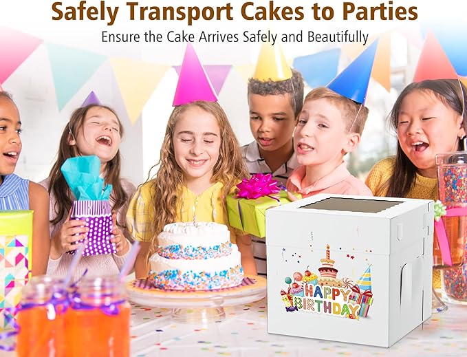 10Pcs Corrugated Cake Boxes in 2 Sizes - 12x12x12 & 10x10x10 Inch Tall Cake Box with Window, Thick Bakery Dessert Boxes, Disposable Cardboard Cake Carrier for Layer Cakes, Birthday, Wedding, Party