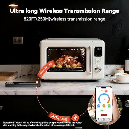 Smart Bluetooth Wireless Meat Thermometer with APP, Wireless BBQ Grill Thermometer for Oven, Smoker, Air Fryer & Kitchen Cooking, Instant Read Digital Probe with Alarm, Long Range & Rechargeable