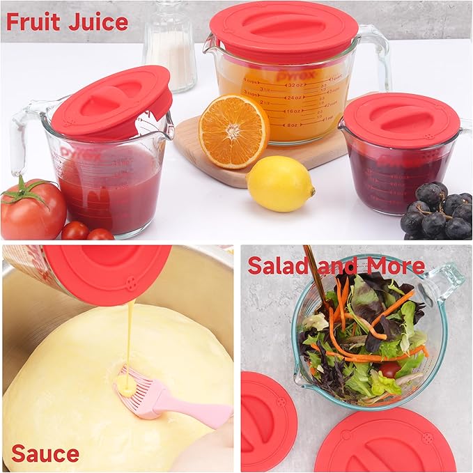Silicone Lids Fits 1 Cup & 2 Cup & 4 Cup Pyrex Tempered Glass Liquid Measuring Cups, Food-Grade Silicone Replacement Lid, Red, Microwave & Dishwasher Safe - 3 Pack, Lid Only