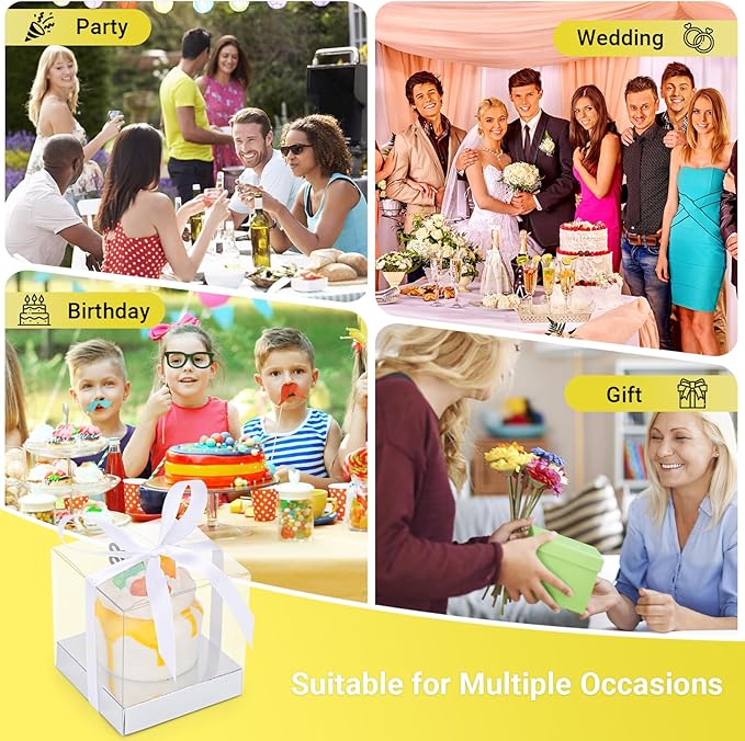 EUSOAR Clear Cupcake Wrappers, 12pcs 3.5 Inch Plastic Individual Tall Cupcake Box, Single Transparent Cupcake Holder Carrier with Ribbon and Inserts for Wedding Party Favor- Silver