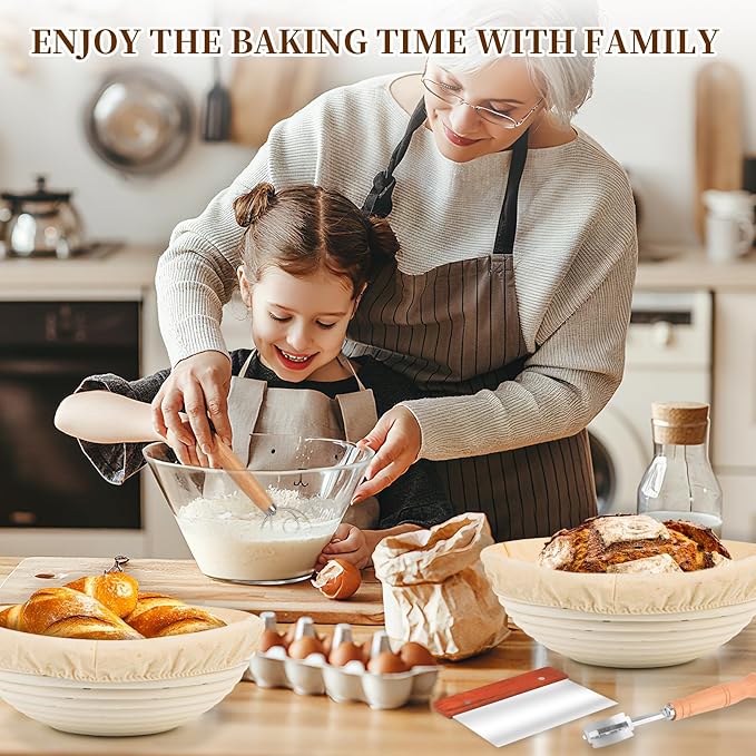 Banneton Bread Proofing Basket Set of 2 9 inch Round Dough Proofing Basket,Sourdough Starter Kit with Linen Liner, Lame, Dough Whisk,Complete Sourdough Bread Baking Supplies