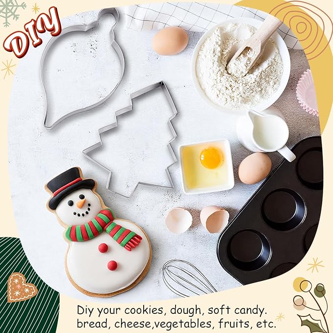 6 Pcs Christmas Large Cookie Cutters 8" Stainless Steel Metal Christmas Baking Cookie Molds for Holiday, Xmas Tree, Ornament, Teardrop Bauble, Finial, Snow Globe, Snowman
