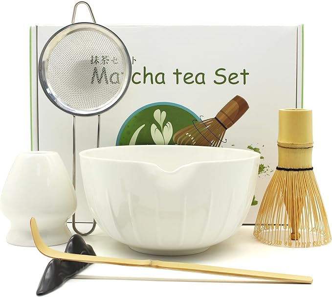 Matcha Whisk Set 7 Pcs - Ceramic Matcha Set with Bowl, Whisk, Holder, Bamboo Scoop, Rest, Sifter, and Tea Towel – Elegant Matcha Kit Gift for Women