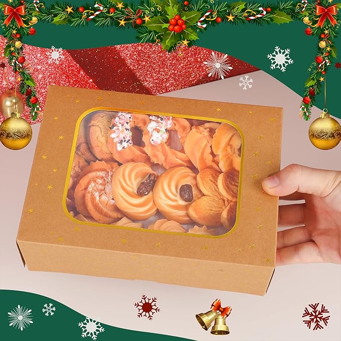 12pcs Gold Star Cookie Boxes, Brown Bakery Boxes with Window 8.25x6x2.75in Gold Foil Star Treat Cake Boxes for Gift Giving Pastry Dessert Cupcakes Candy Donut Packaging (KRAFT PAPER, 12)