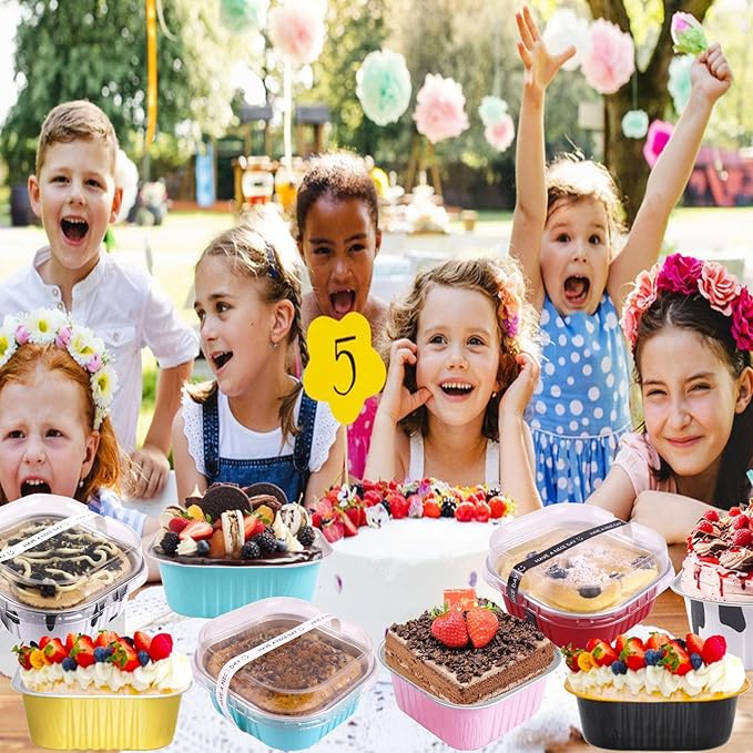 10oz Mini Cake Pans With Lids 50 Pack Aluminum Foil Square Brownie Baking Cups,4”x4” Disposable Loaf Pans With Lids and Spoons Stickers,Large Cupcake Pans Muffin Cake Tins Cake Container(Red)