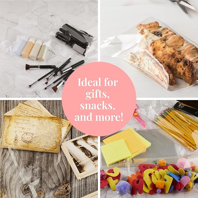 Prestee 200 Pack Self-Sealing Cellophane Bags 6x10 - Clear Bags for Small Gifts, Cookies, Candy, and Bakery - Airtight Goodie Bag for Gift Giving and Packaging - Food-Safe Plastic Treat Bag