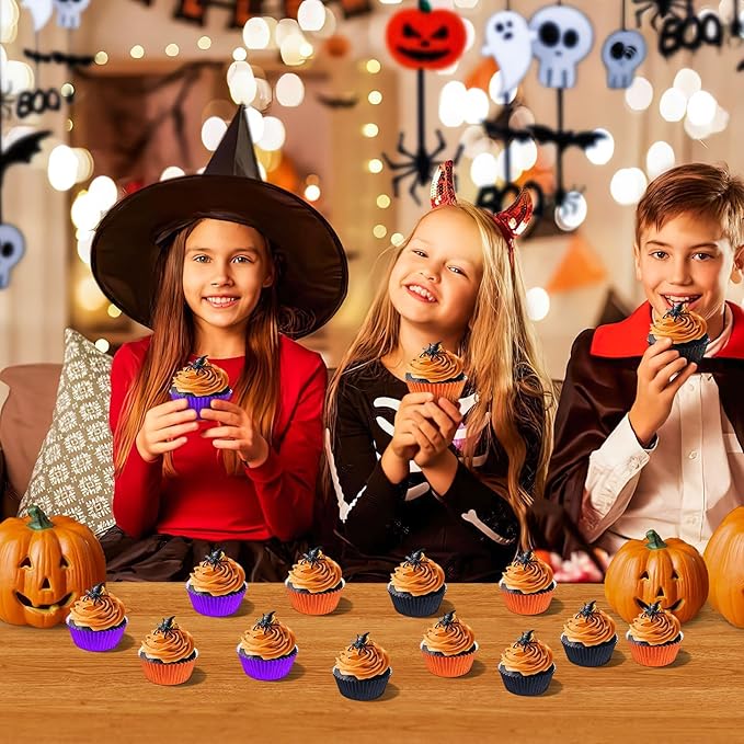 SANNIX 450Pcs Halloween Foil Cupcake Liners Muffin Liners Baking Cups Foil Metallic Cupcake Wrappers for Halloween Party Supplies Standard Size (Black, Purple, Orange)