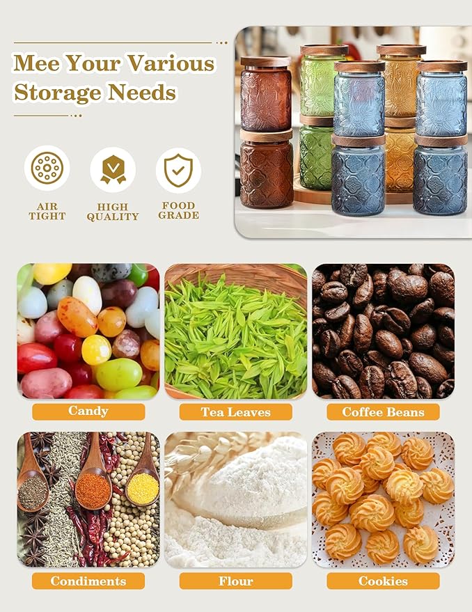 Glass Jar with Airtight Wood Lid – 24 OZ Kitchen Pantry Bathroom Storage Canister, Decorative Vintage Container for Candy, Salt, Coffee, Cookie, Cereal, Nuts, Oats, Flour, Sugar, Tea, Blue Sunflower