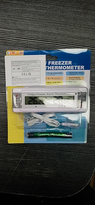Digital Refrigerator Thermometer 2 Channel Freezer Thermometer with Alarm Sound Reminder Thermometer Fridge with Max/Min Temperature Record Freezer Alarm with Magnetic Back for Home Kitchen