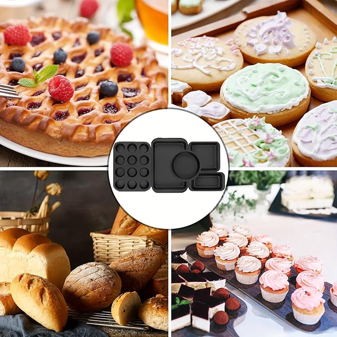 5-Piece Kitchen Non-Stick Baking Pan Set, Including Round/Square Cake Pan, Muffin Pan, Bread Pan, Baking Pan, and Baking Sheet, Durable and Scratch-Resistant Baking Set, Black