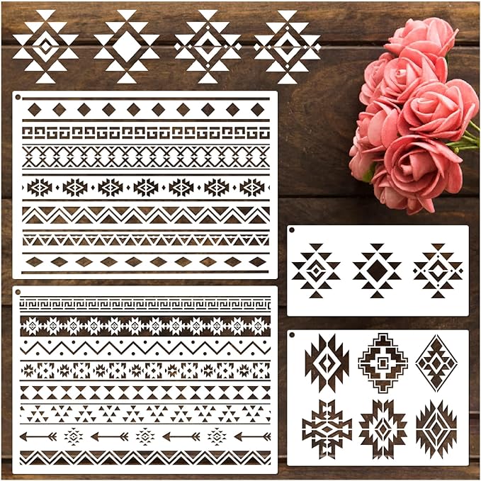 yhslmh Tribal Geometric Stencils for Painting on Wood Furniture Wall Reusable Canvas Aztec Stencil for Crafts Kids Boho Drawing Card Making Pattern Decorative (Aztec)