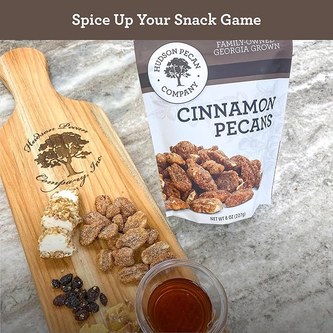 HUDSON PECAN COMPANY: Cinnamon Candied Pecans | Georgia Grown Family Owned. Cinnamon & Sugar Candy Coated, Expertly Baked to Perfection, (Perfect for Salads, Baking, Snacking & Gifting), 8oz