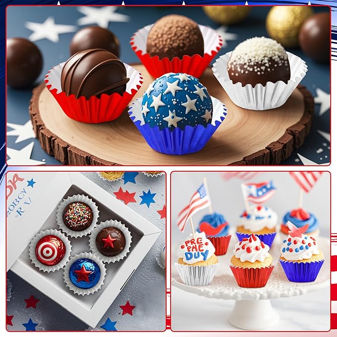 AUGSUN 400pcs 4th of July Mini Foil Cupcake Liners Cupcake Red Blue Silver Mini Muffin Cupcake Wrappers for Patriotic Independence Day Holiday Birthday Veterans Party Cake Candy Chocolate Decorations