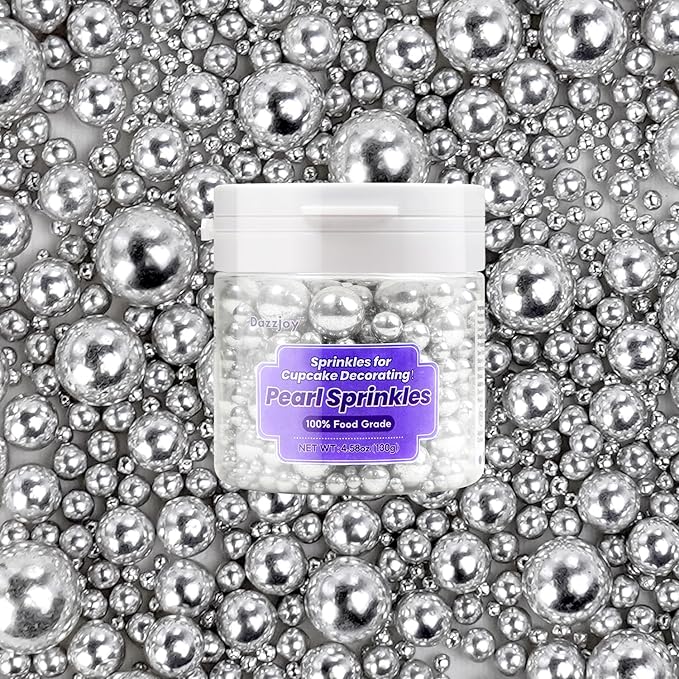 Dazzjoy Silver Pearl Sugar Candy Sprinkles, Edible Pearl Mix Size, 4.58oz, Cake Decoration & Cake Toppers, Baking Cake Decorations, Wedding Party Valentines Easter Supplies