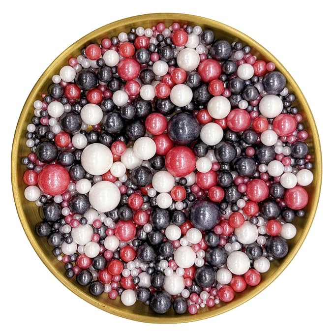 Edible Red & Black & White Sugar Pearls Sprinkles Candy Mix Size Pearls Cake Decorations Cupcake Toppers Decorating Perfect for Wedding Party Valentine Christmas Supplies 4.58OZ