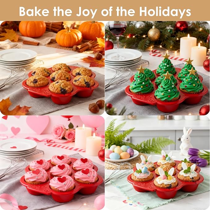 Youeon 2 Pack Red Ceramic Muffin Pans, 7 Cup Nonstick Cupcake Baking Pans with Floral Handles, Oven & Dishwasher Safe Muffin Tins for Muffins, Cupcakes, Mini Cheesecakes, Holiday Baking Gift