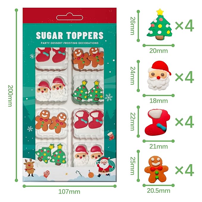 Christmas Sprinkles for Baking 16Pcs - 4 Designs Santa, Gingerbread Man, Holiday Stocking, Christmas Tree - Edible Decorations for Cookies, Cakes, Cupcakes, Holiday Desserts