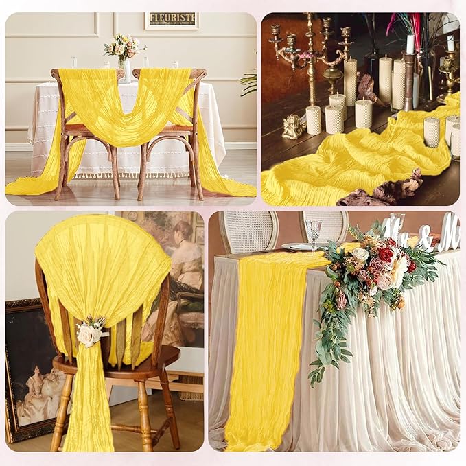 12 Pack Lemon Yellow Cheesecloth Table Runner 17x108 Inch Semi Sheer Boho Gauze Cheese Cloth Fabric Table Runners, for Wedding Party Baby Shower Birthday Home Decor Garden Farmhouse