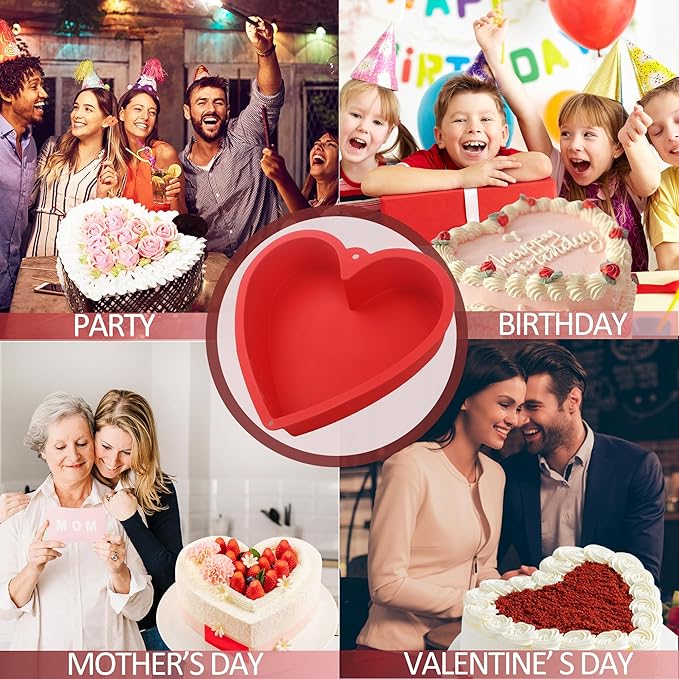 MILIVIXAY 2PCS Heart Shaped Cake Pans, 8 Inch Cake Mold, Red, Thick Style, Completely Non Stick, Food Grade Silicone, Easy To Store and Wash, Microwave, Freezer and Oven Safe.