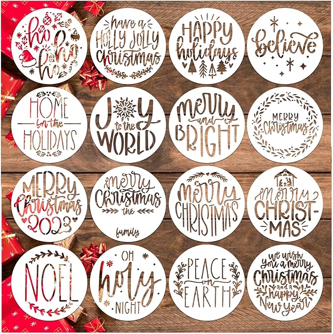 Small Christmas Stencils for Painting on Wood Reusable 4in Round Small Holiday Merry Christmas Stencils Ornaments Stencil for Wood Cards Scrapbook Journal Cookie Glass (16pcs Words 4in Round)