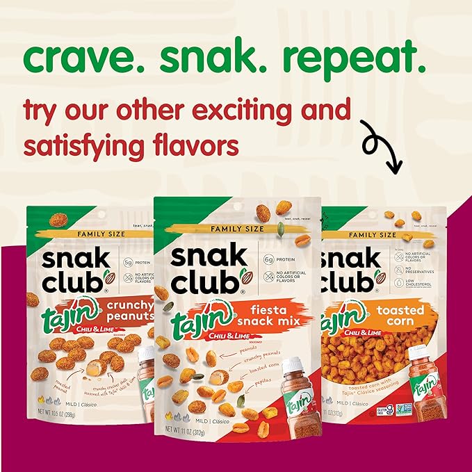 Snak Club Tajin Peanuts, Roasted Nuts with Chili and Lime Seasoning, Mild, Gluten-Free and Kosher Snacks, No Artificial Colors or Flavors, No Preservatives, 12 oz Resealable Bag