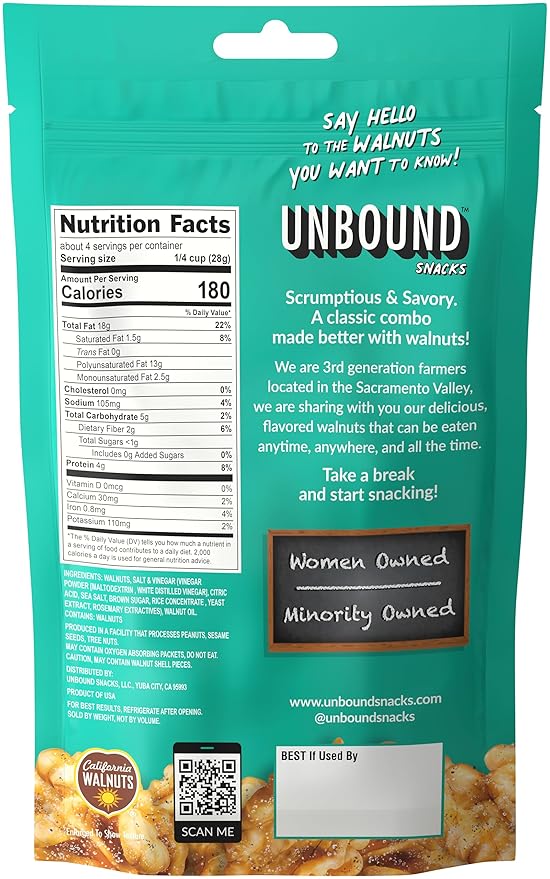 Unbound Snacks Flavored Nuts - Sea Salt & Vinegar Walnuts, 4 oz (Pack of 4) - Healthy Snacks, 4g Protein, 1g Sugar, High in Omega 3, Gluten Free, Vegan - Freshly Roasted & Seasoned Gourmet Walnut Halves