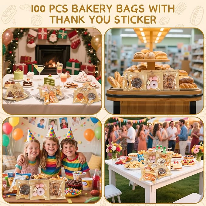 SUREHOME Paper Sandwich Bags 100 Pcs 7.1 X 7.5 In Kraft Brown Paper Bags with Window Individual Heat Seal Bakery Bag with Sticker Cookie Bag for Party Favors Snacks Treats Bread Baked Goods Packaging