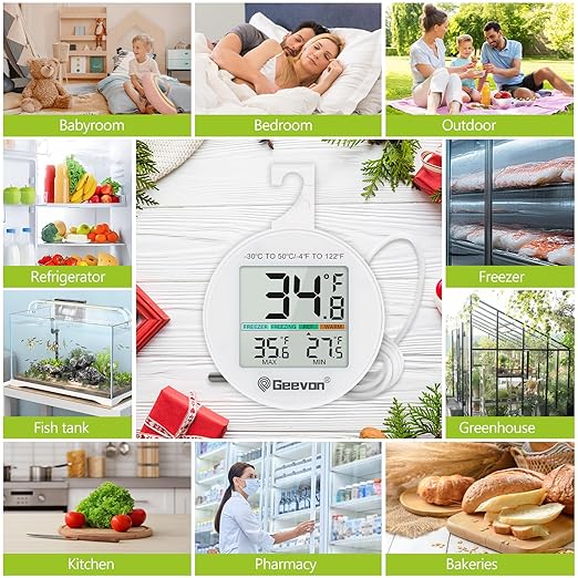 Geevon Refrigerator Thermometer IP65 Waterproof, with External Sensor, Fridge Temperature Monitor for Home Commercial, with LCD Screen, Stand and Magnetic Back, for Refrigerator, Freezer Scenes