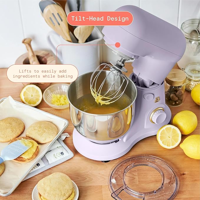 Beautiful 3.5 Qt Tilt-Head Stand Mixer | 12-Speed 300 W Motor | Stainless Bowl Beater, Dough Hook & Whisk by Drew Barrymore (Lavender)