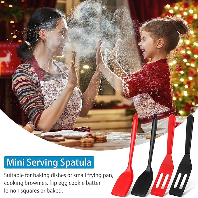 Patelai Mini Silicone Brownie Serving Spatula Flexible Nonstick Serve Turner Heat Resistant Cookie Slotted Spatula for Eggs in Small Frying Pan Cookie Batter Lemon Baked(Black, Red,4 Pieces)