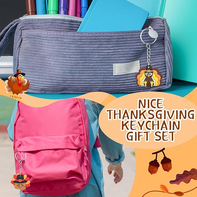 72 Pcs Thanksgiving Gifts for Students 24 Set Friendsgiving Goodie Bags Turkey Keychain Gifts & Organza Bags & Card for Students Key Chain Classroom Reward Gift Party Goodie Bag Stuffers Gift