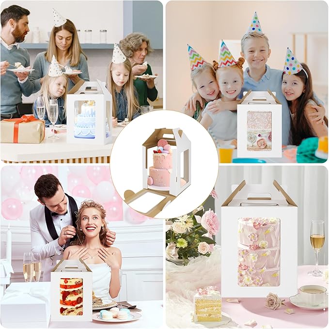 6 Pack Tall Cake Boxes with Cake Boards, 10x10x12 Inch Tiered Cake Box with 6 Windows, Layer Cake Carrier with Handle Bakery Take out Containers for Wedding Birthday Party (White-10x10x12 Inch-6 Pack)
