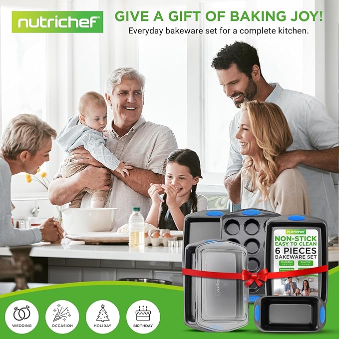 NutriChef Nonstick Bakeware Set of 6, Baking Pan with Cookie Sheets, 12-cup Muffin & Loaf pan – Easy to Clean, Oven Safe, Durable Warp Resistance Carbon Steel Pan Set for Baking, Roasting, & Cooking