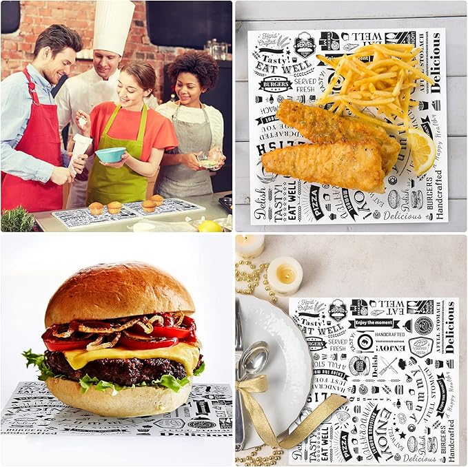 Marspark 400 Pcs Deli Wax Paper Sheets 12 x 12 Inches Square Grease Resistant Tray Basket Liners Hot Dog Wrappers Newsprint Water and Grease Proof Sandwich Wrapping Paper for Food Baking (White Black)