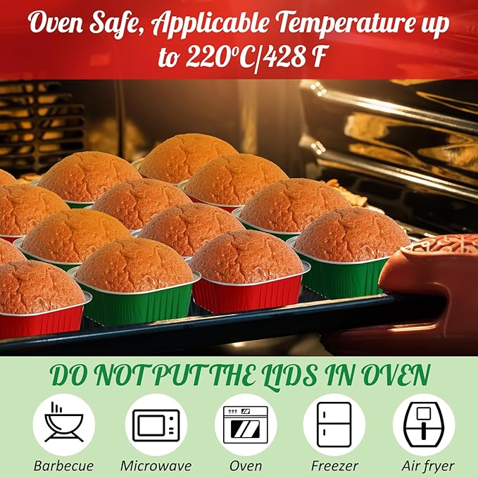 Aoriher 150 Pieces 10 oz Mini Cake Pans with Lids Aluminum Foil Baking Cups Square Disposable 4" x 4" Large Cupcake Cups Baking Tins for Kitchen Brownie Pudding Desserts Holders(Red,Christmas Green)