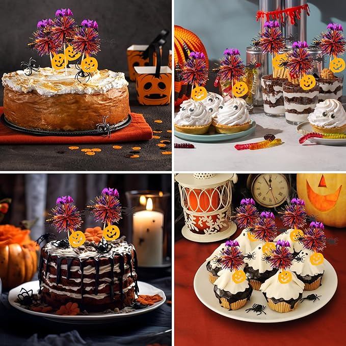 24pcs Halloween Foil Firework Cupcake Toppers Happy Halloween Theme Cupcake Picks Decoration Cocktail Fruit Toothpick for Fall Party