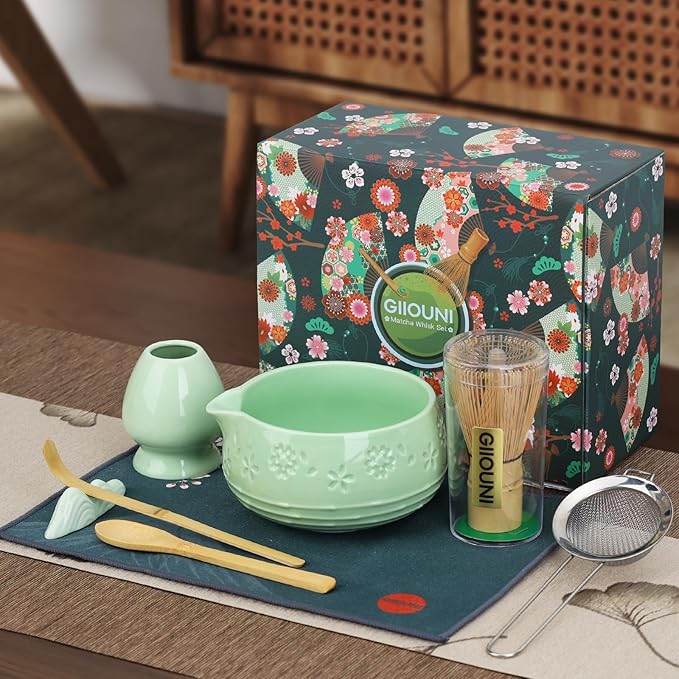 Matcha Whisk Tea Set: Ceramic Bowl with Spout, Bamboo Matcha Whisk & Spoon, Chasen Holder, Scoop Rest, Sifter, 8-Pcs Japanese Matcha Powder Kit–Gift for Ceremony & Matcha Lovers-Mint
