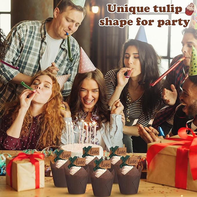 600 Pcs Tulip Cupcake Liners for Baking Muffin Liners Printed Baking Cups Holders Greaseproof Wrappers Decoration for Cupcake Bouquet Birthday Party Wedding Bride Shower (Brown)