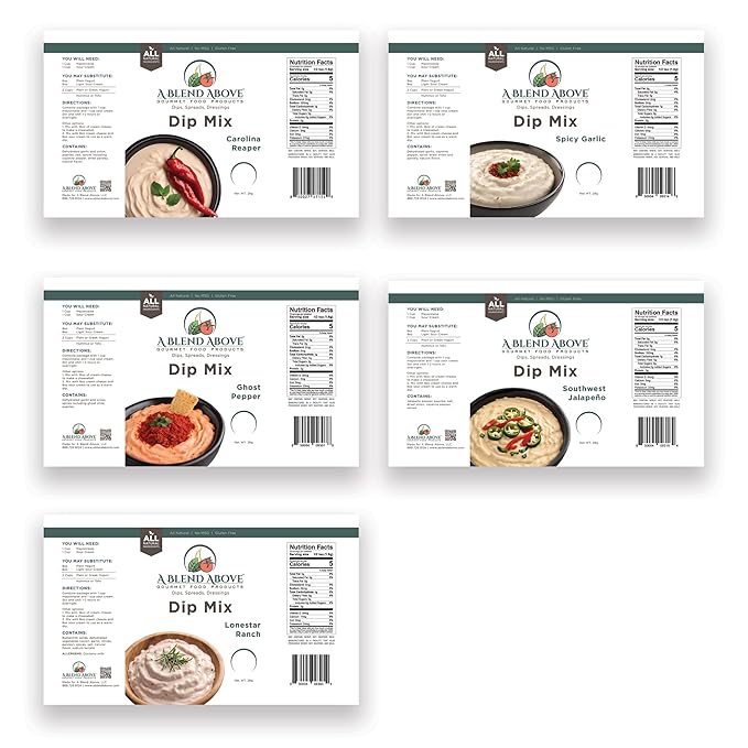 A Blend Above Spicy Dip Mix 5 Pack Includes Spicy Garlic, Lonestar Ranch, Ghost Pepper, Carolina Reaper, and Southwest Jalapeño Spicy Dip, Gluten-Free, No MSG, All Natural, No Preservatives, Vegetable Dip, Keto Friendly, Low Carb, Low Sodium, Easy to Make