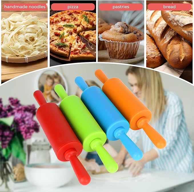 4 Pack Mini Rolling Pin for Kids, 9 Inch Plastic Handle Rolling Pin Non-Stick Silicone Rolling Pins for Children Cake Baking