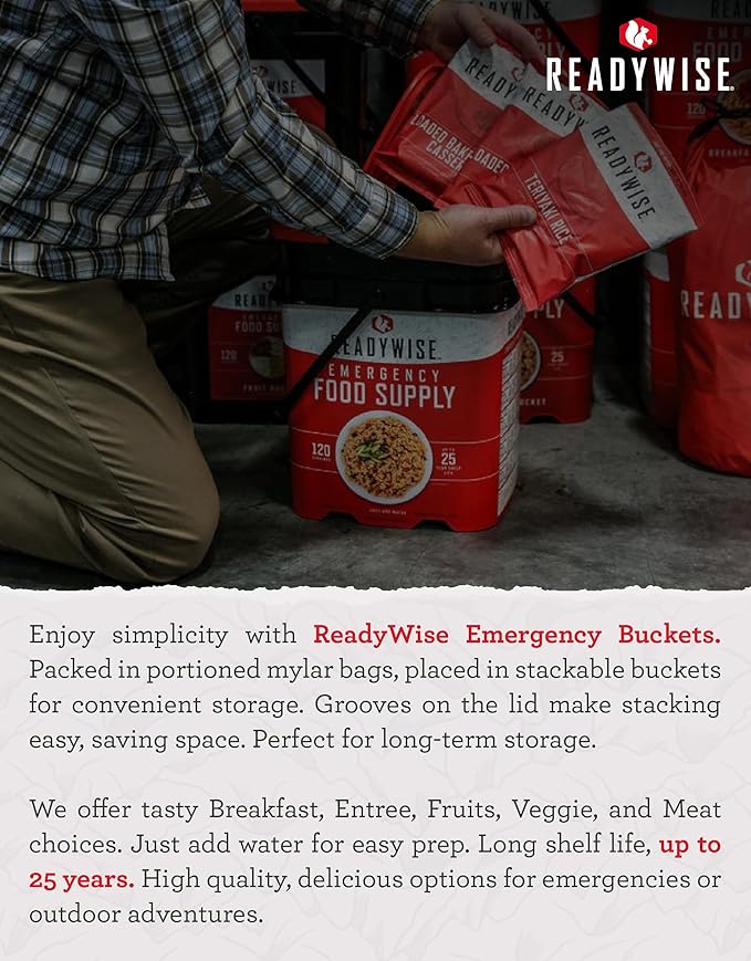 ReadyWise Emergency Food Supply - 120 Servings Freeze Dried Vegetables Bucket, Dehydrated Meals, Survival Food Kit for Backpacking, Camping Essentials & Prepping Supplies, up to 25 Year Shelf Life