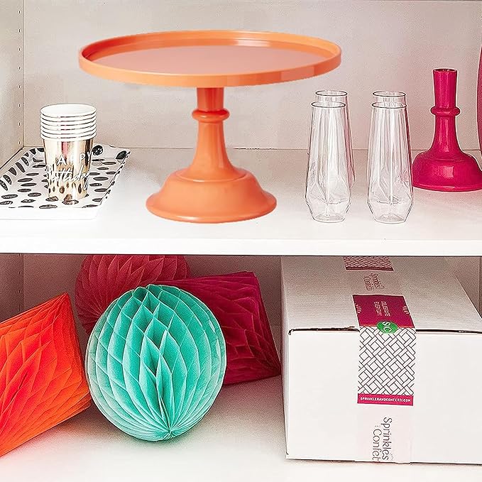 Sprinkles & Confetti 11" Peach Orange Plastic Cake Stand – Elegant and Durable Melamine Dessert Display Tray for Parties, Weddings, Birthdays & Catering Events – Reusable Serving Platter
